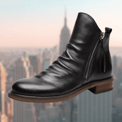 Women’s Ankle Boots – Smooth Leather – Side Zipper – Rounded Toe – Low Heel