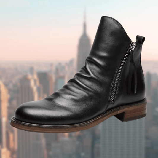 Women’s Ankle Boots – Smooth Leather – Side Zipper – Rounded Toe – Low Heel