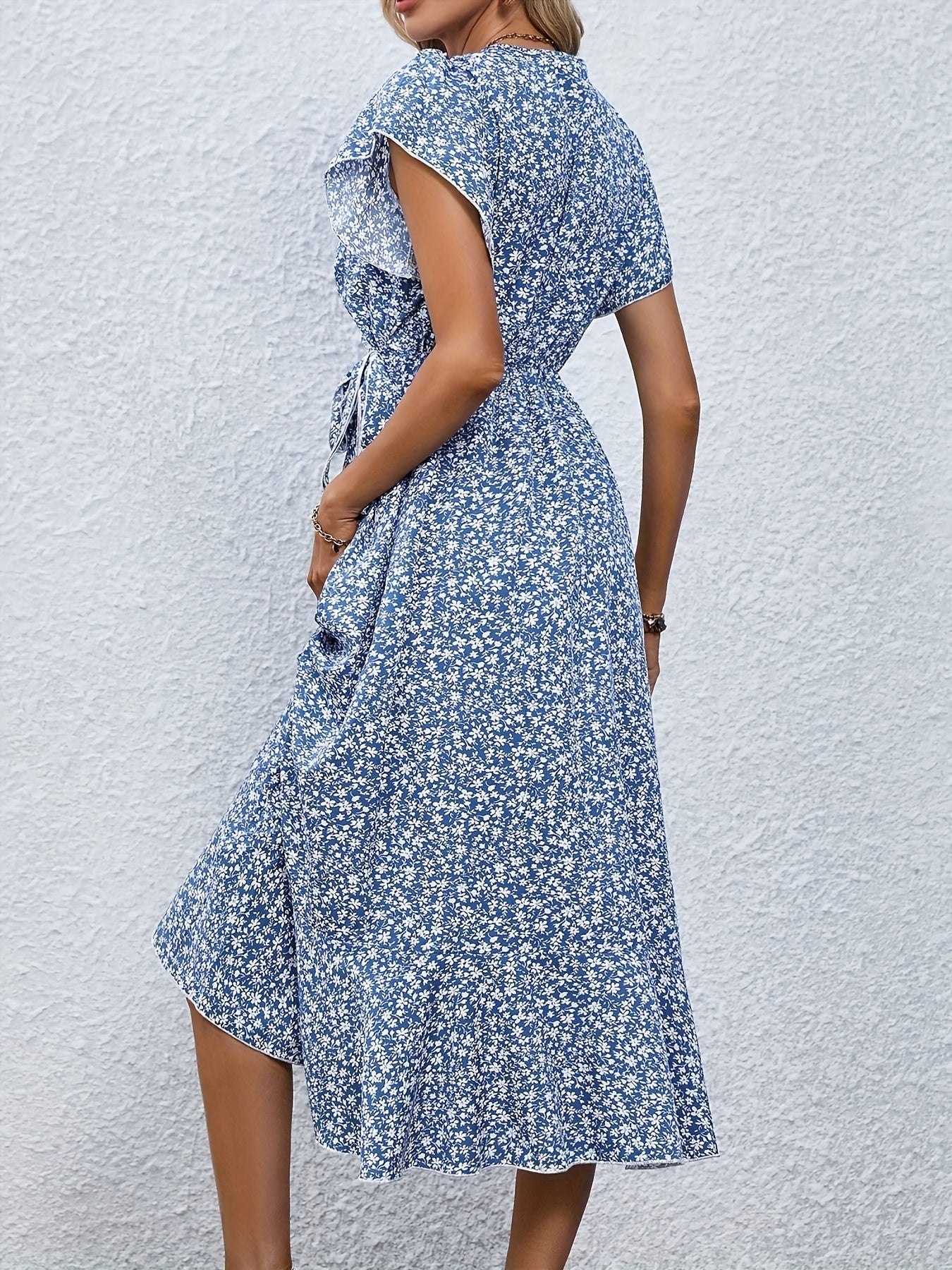 Women's Wrap Dress - Floral Print - V-Neck - Short Flutter Sleeves - Midi Length