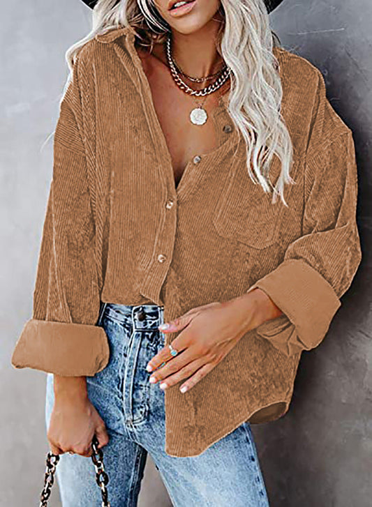 Women’s Button-Up Shirt – Oversized Fit – Textured Fabric – Rolled Sleeves Casual Style