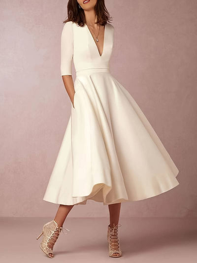 Women’s Midi Dress – Satin Finish – Fitted Bodice – A-Line Skirt – V-Neck – Elbow Sleeve