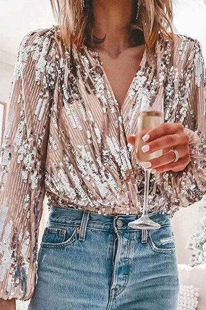 Women's blouse with sequins, v-neck, and balloon sleeves