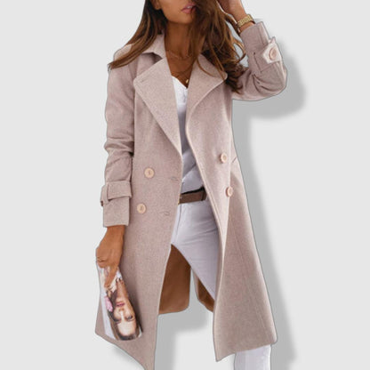 Women's Trench Coat - Wool Blend - Double-Breasted - Wide Lapel - Longline Elegant Fit