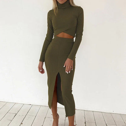 Women’s Ribbed Knit Two-Piece Set – Long-Sleeve Crop Top – High-Waisted Midi Skirt with Front Slit