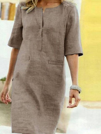 Women's Shift Dress - Cotton Linen Blend - Knee Length - Half Sleeve - V-Slit Neck