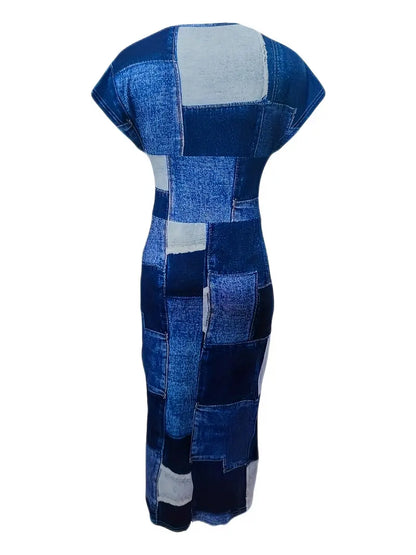 Women's Bodycon Dress - Patchwork Denim - Midi Length - V-Neck Short Sleeve