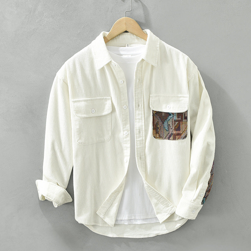 Men’s Long Sleeve Shirt – Relaxed Fit – Corduroy – Patchwork Chest and Sleeve – Button Front