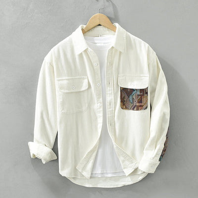Men’s Long Sleeve Shirt – Relaxed Fit – Corduroy – Patchwork Chest and Sleeve – Button Front