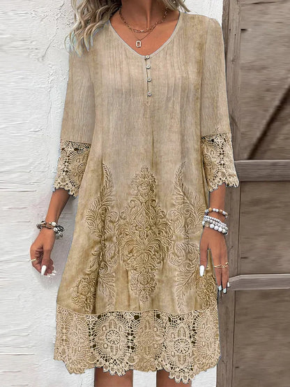 Women's Dress - Knee-Length - Three-Quarter Sleeve - Lace & Embroidery - V-Neck Button-Up