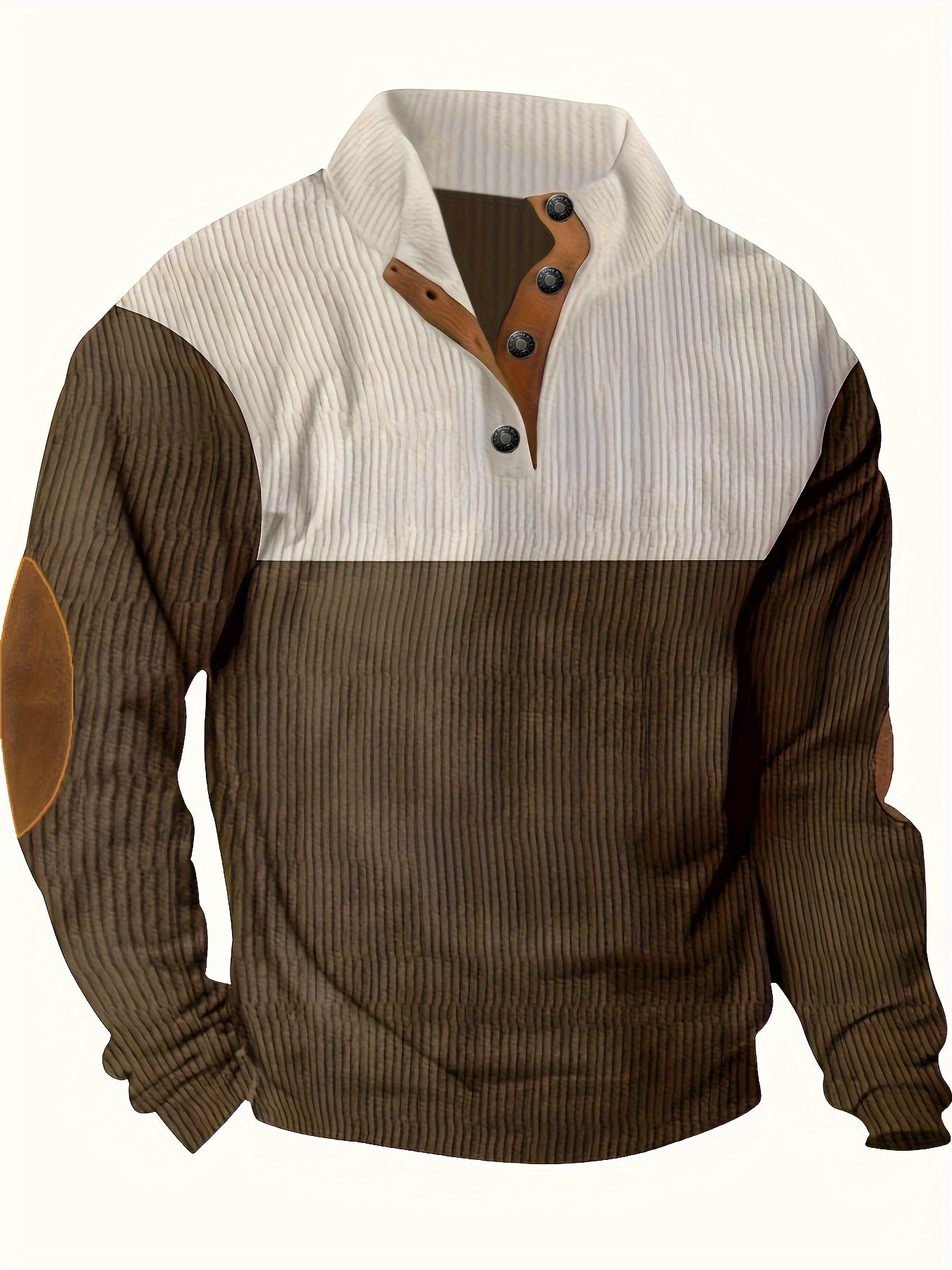Men’s Ribbed Pullover Sweater - Quarter Button - Stand Collar - Long Sleeve - Elbow Patches