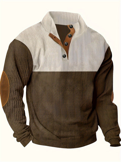 Men’s Ribbed Pullover Sweater - Quarter Button - Stand Collar - Long Sleeve - Elbow Patches