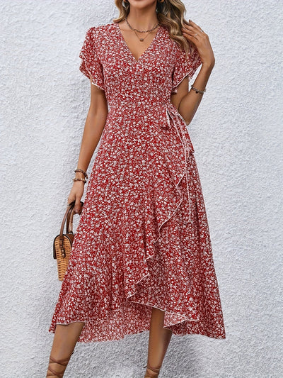 Women's Wrap Dress - Floral Print - V-Neck - Short Flutter Sleeves - Midi Length