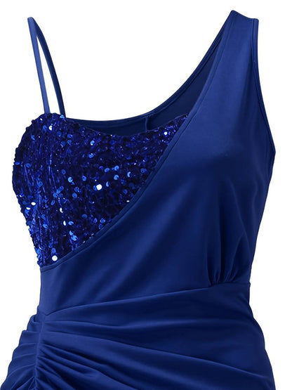 Women's Evening Dress - One Shoulder - Sequin Bodice - Draped Waist - High Slit