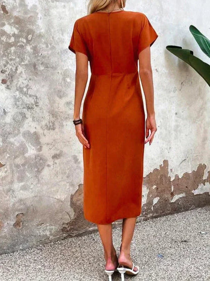 Women's Wrap Dress - V-Neck - Short Sleeve - Fitted Waist - Elegant Midi Length