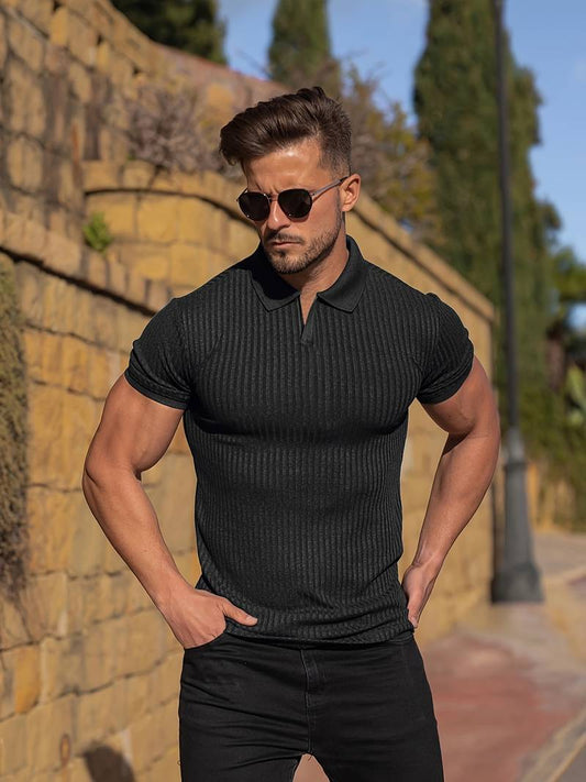 Men’s Polo Shirt – Muscle Fit – Ribbed Soft Knit – Short Sleeve Casual Wear