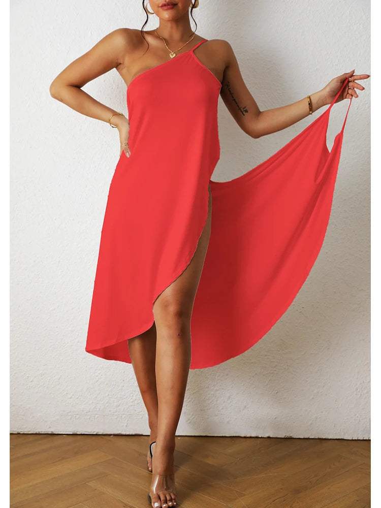 Women's One-Shoulder Maxi Dress - Asymmetrical Cut - High-Low Hem - Elegant Flowy Fit