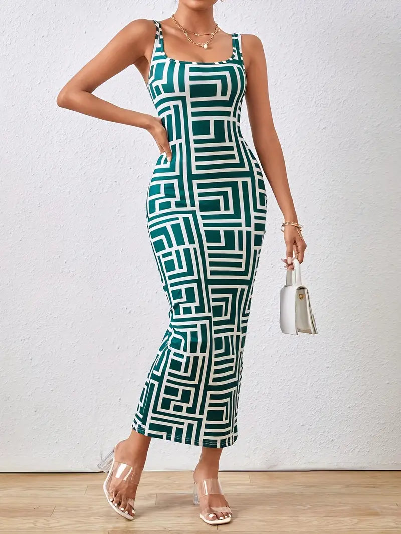 Women's Bodycon Midi Dress - Square Neck - Sleeveless - Geometric Pattern - Fitted Silhouette
