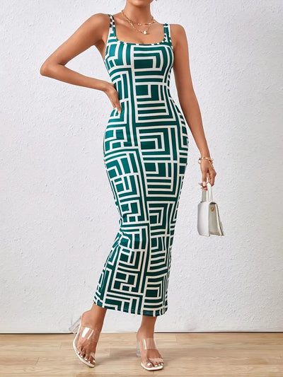 Women's Bodycon Midi Dress - Square Neck - Sleeveless - Geometric Pattern - Fitted Silhouette