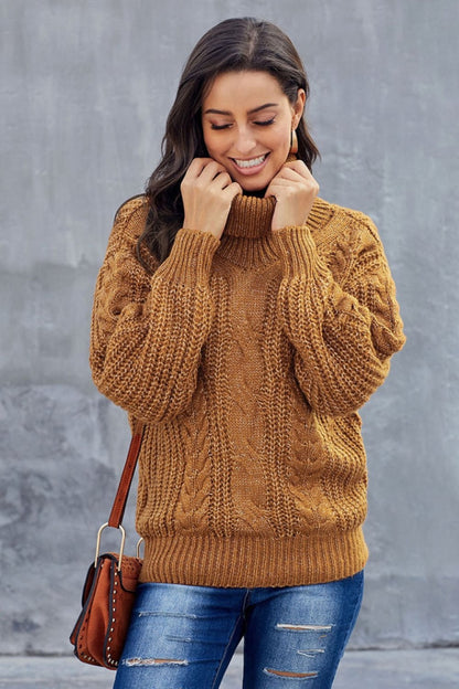 Women’s Sweater – Oversized Fit – Cable Knit – Turtleneck – Wool Blend – Ribbed Hem