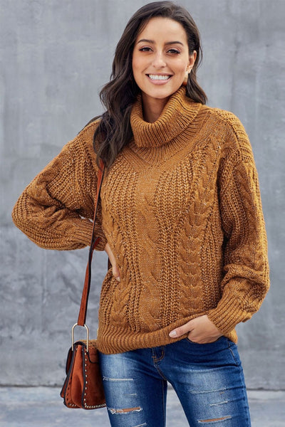 Women’s Sweater – Oversized Fit – Cable Knit – Turtleneck – Wool Blend – Ribbed Hem