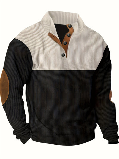 Men’s Ribbed Pullover Sweater - Quarter Button - Stand Collar - Long Sleeve - Elbow Patches