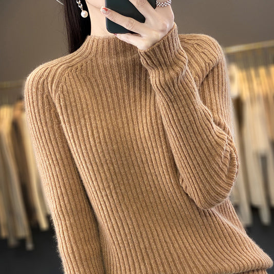 Women’s Knit Sweater – Wool Blend – Loose Fit – Mock Neck – Long Sleeves