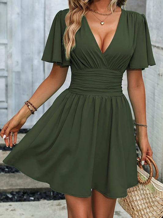 Women’s Mini Dress – Fit and Flare – Deep V-Neck – Short Flared Sleeves – Breathable Blend