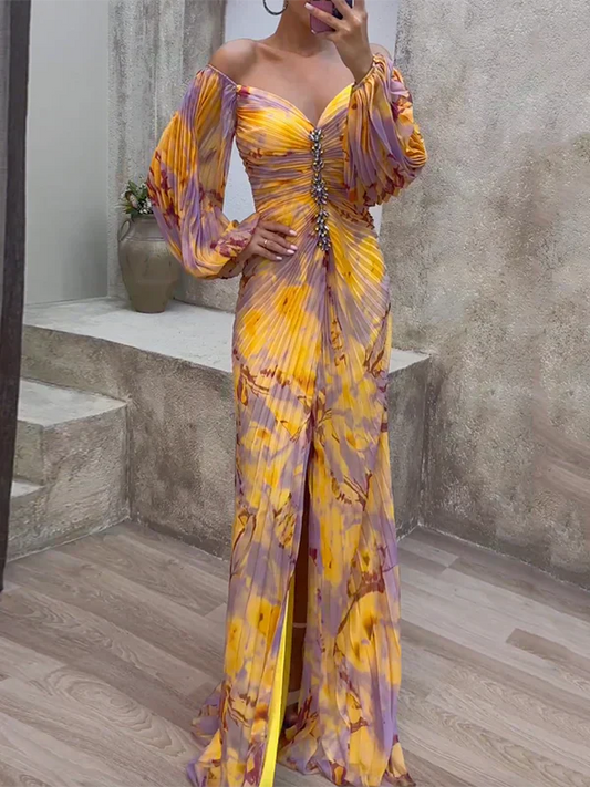 Women’s Evening Dress – Off Shoulder – Ruched Bodice – V-Neck – Full Length – Luxury Fabric