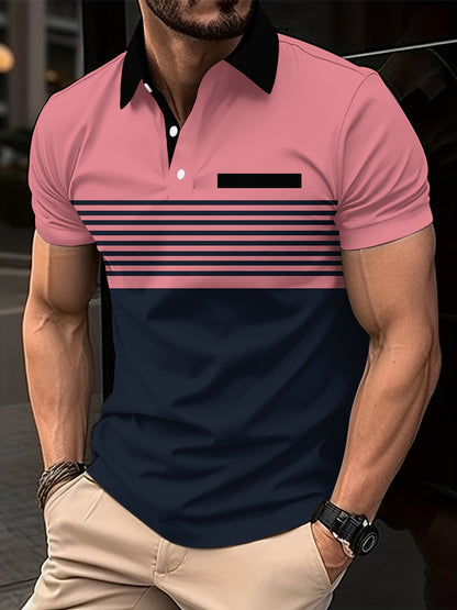 Men's Polo Shirt - Slim Fit - Short Sleeve - Striped Chest Design - Buttoned Placket