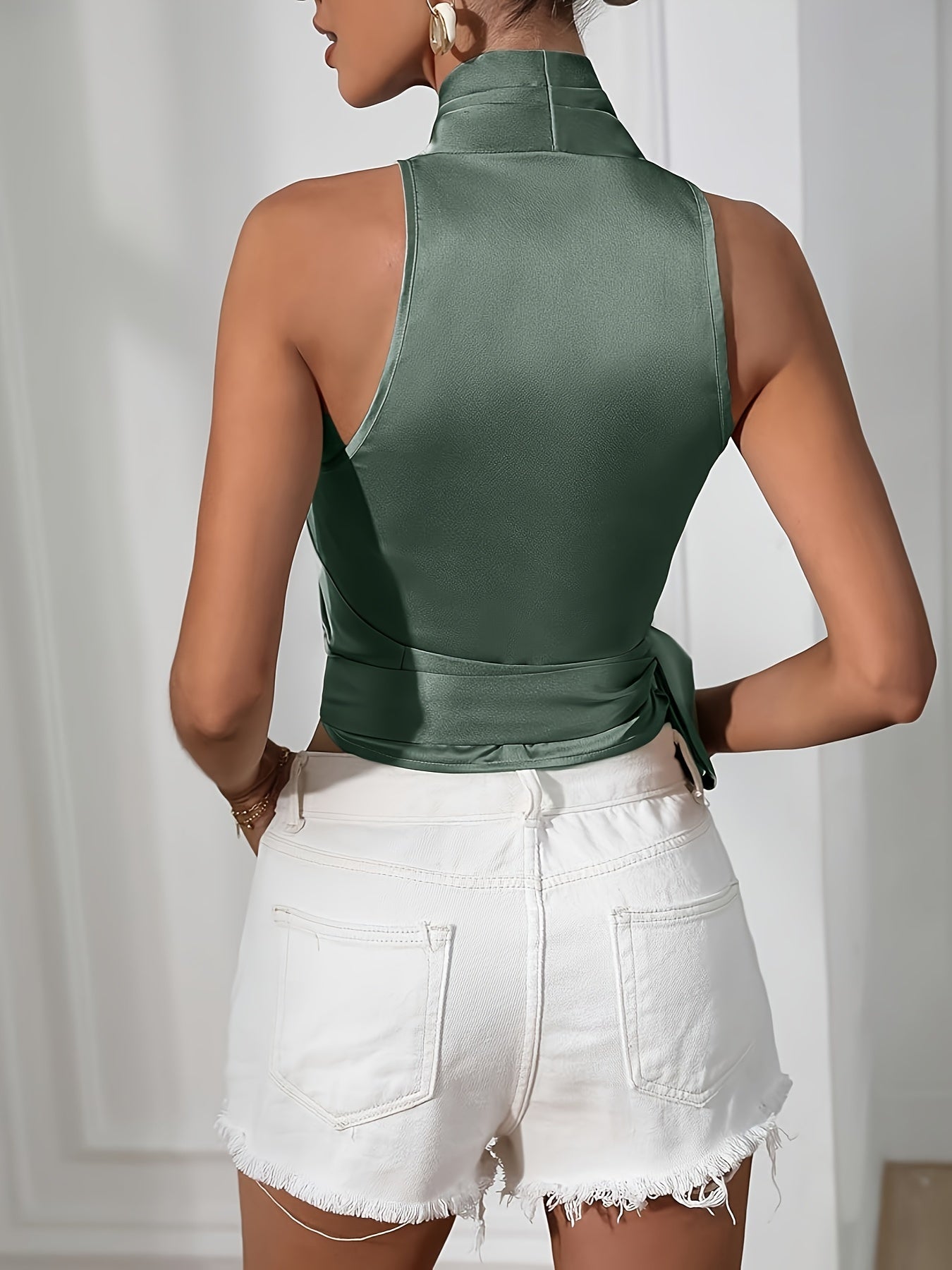 Women's Wrap Top - Halter Neck - Sleeveless Silky Tie Waist Elegant Fit