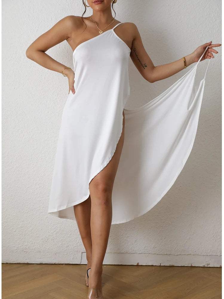 Women's One-Shoulder Maxi Dress - Asymmetrical Cut - High-Low Hem - Elegant Flowy Fit