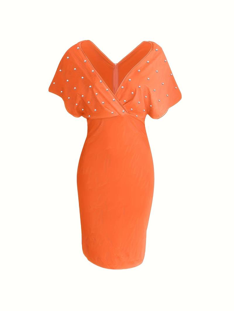 Women's Bodycon Dress - Elegant Wrap V-Neck - Short Sleeve - Pearl Embellished