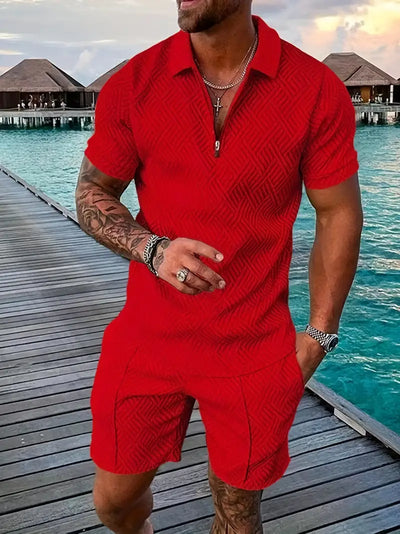 Men’s Polo Shirt and Shorts Set – Slim Fit – Breathable Blend – Zip Placket – Textured