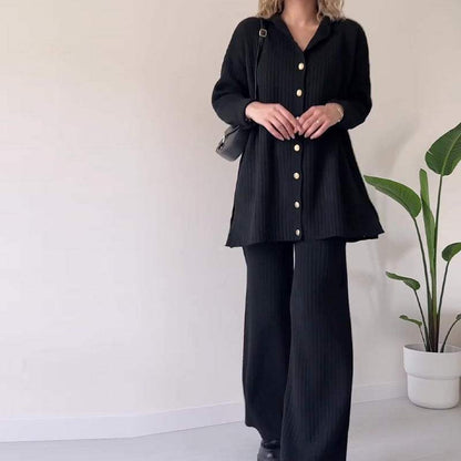 Women's Knit Two-Piece Set - Button-Up Cardigan & High-Waisted Wide-Leg Pants - Relaxed Fit