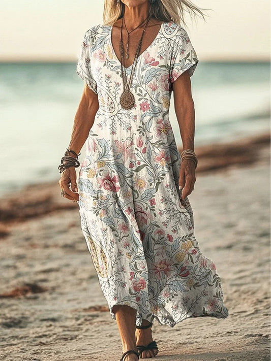 Women’s Maxi Dress – Relaxed Fit – Retro Floral Print – V-Neck – Short Sleeve – Pockets