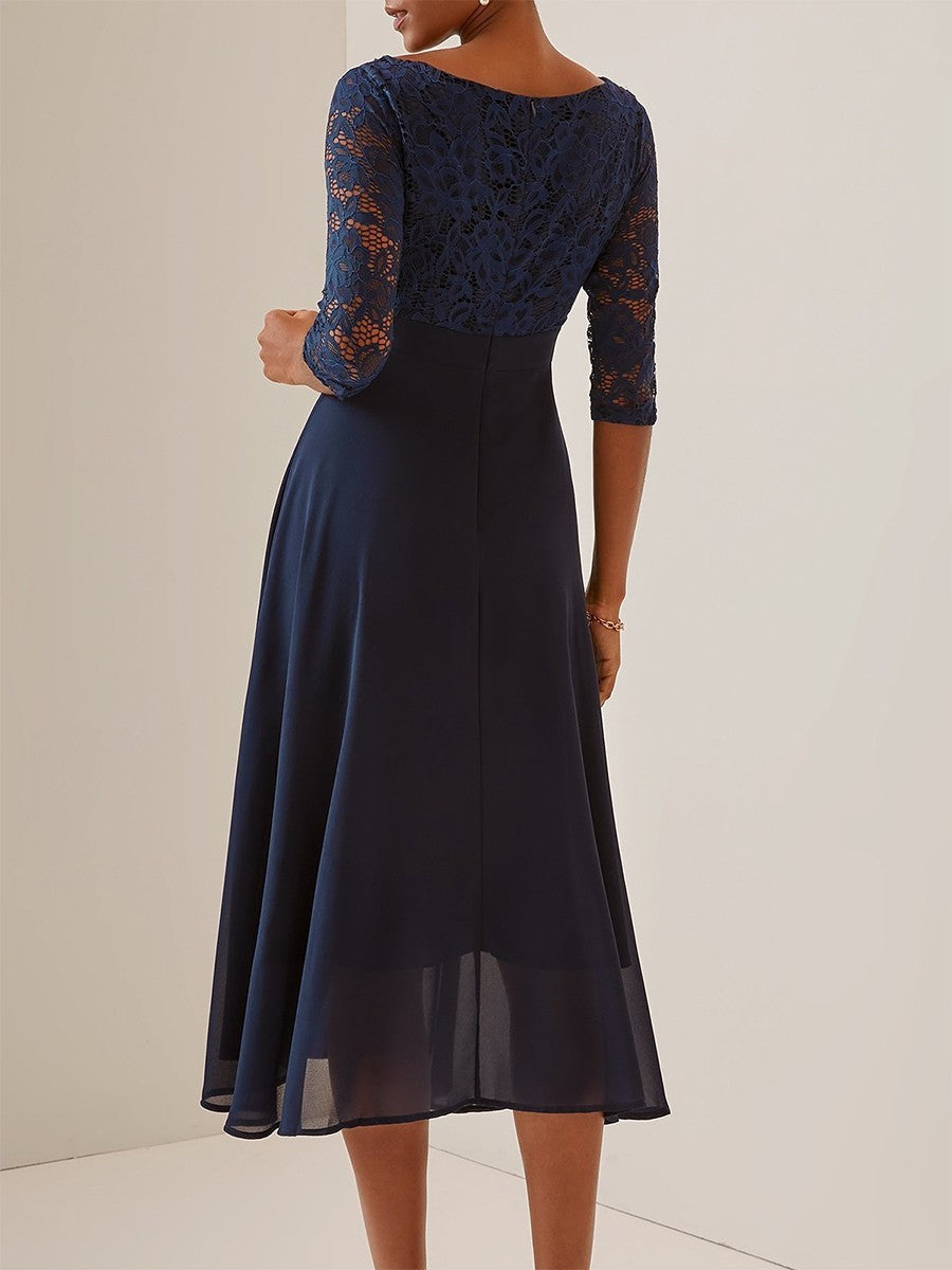 Women’s Midi Dress – Lace Bodice – Chiffon A-Line Skirt – Elegant Mid Sleeve Fit