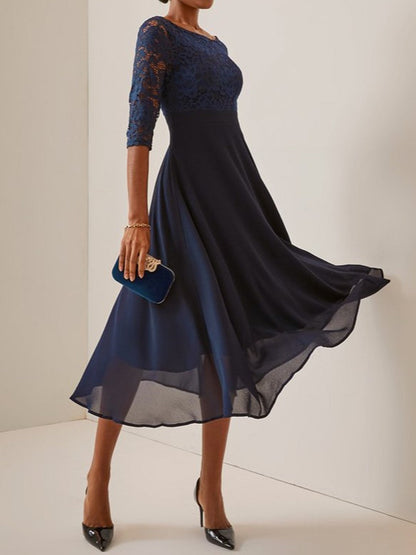 Women’s Midi Dress – Lace Bodice – Chiffon A-Line Skirt – Elegant Mid Sleeve Fit