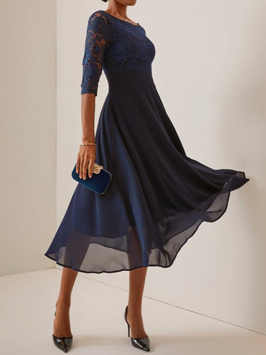 Women’s Midi Dress – Lace Bodice – Chiffon A-Line Skirt – Elegant Mid Sleeve Fit