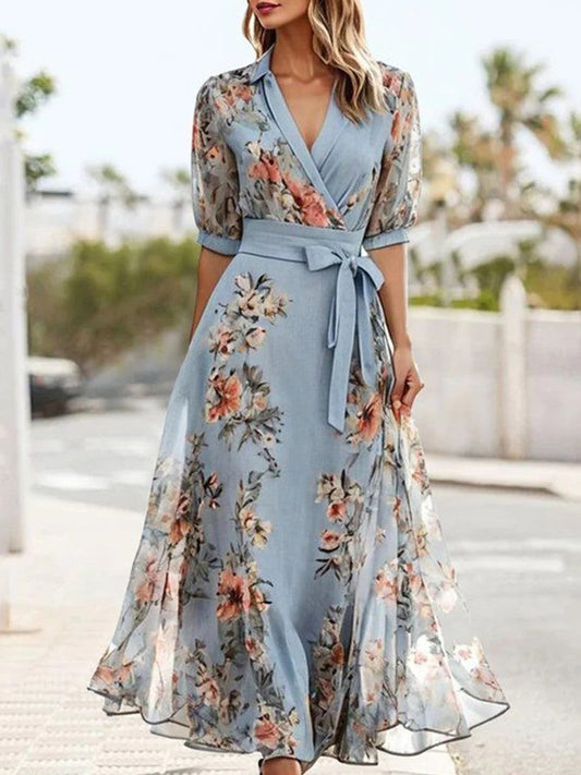Women’s Midi Dress – Wrap Style – Puff Sleeve – Floral Print – Belted Waist – Breathable Blend