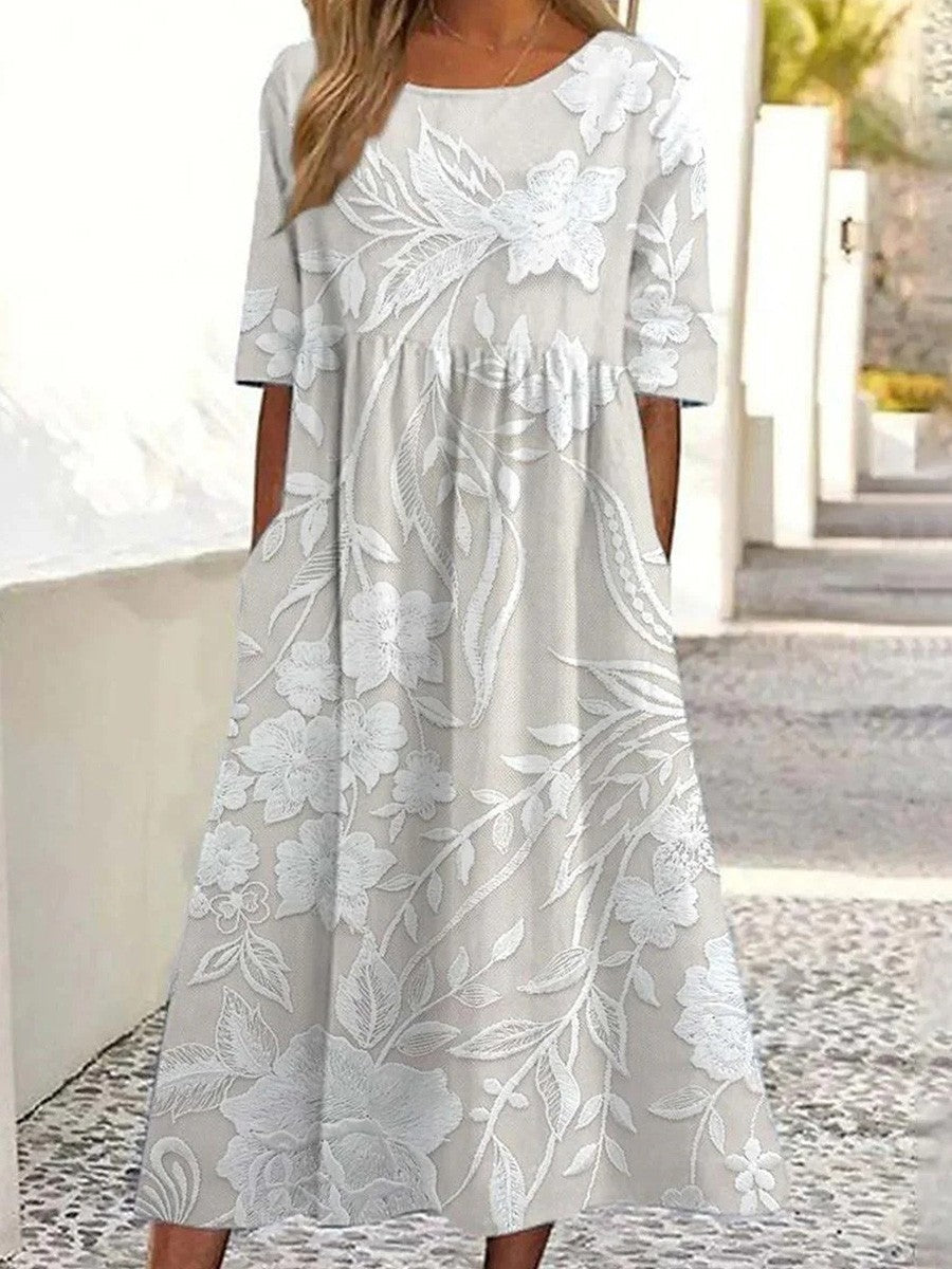 Women’s A-Line Dress – Floral Lace Overlay – Short Sleeve – Elegant Midi Fit