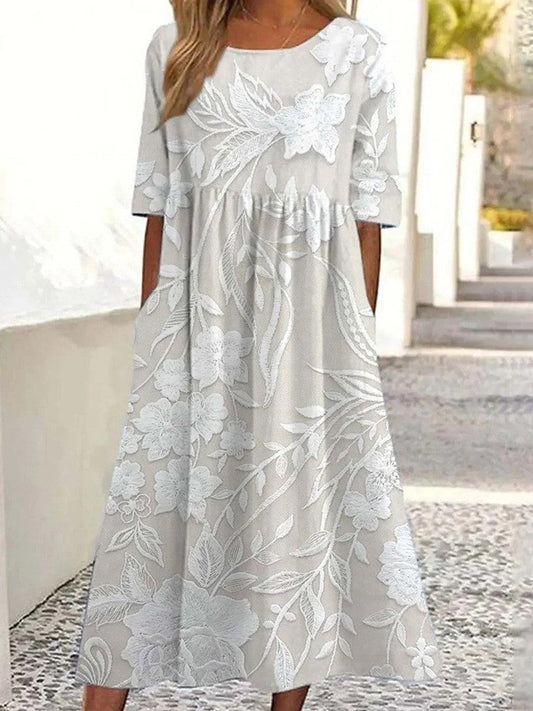 Women’s A-Line Dress – Floral Lace Overlay – Short Sleeve – Elegant Midi Fit