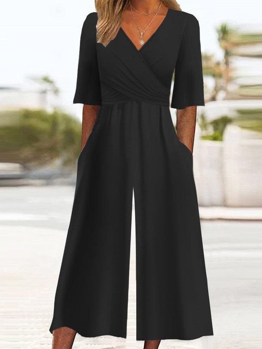 Women’s Jumpsuit – Relaxed Fit – Wrap V-Neck – Cropped Wide Leg – Breathable Blend