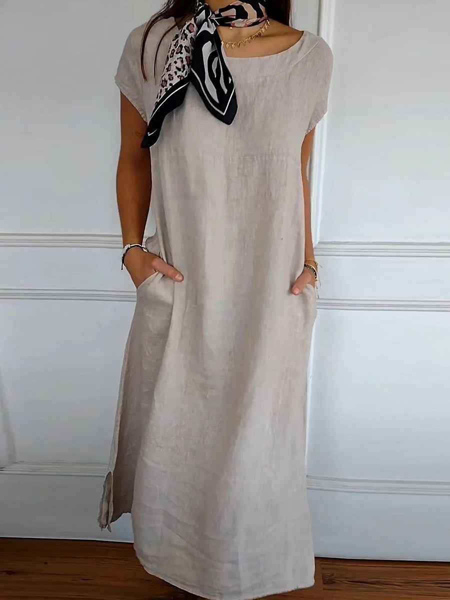 Women’s Midi Dress – Relaxed Fit – Short Sleeve – Round Neck – Breathable Blend – Pockets