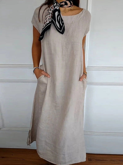 Women’s Midi Dress – Relaxed Fit – Short Sleeve – Round Neck – Breathable Blend – Pockets