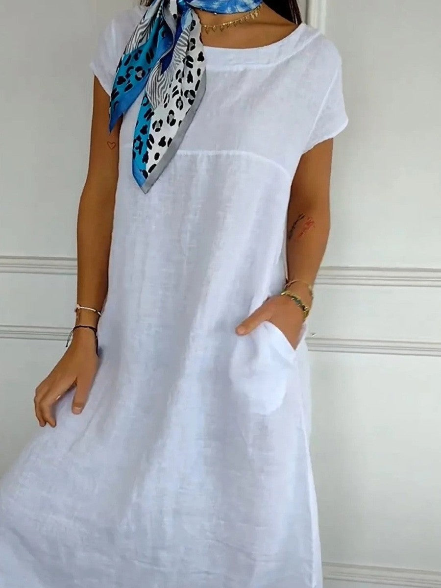 Women’s Midi Dress – Relaxed Fit – Short Sleeve – Round Neck – Breathable Blend – Pockets