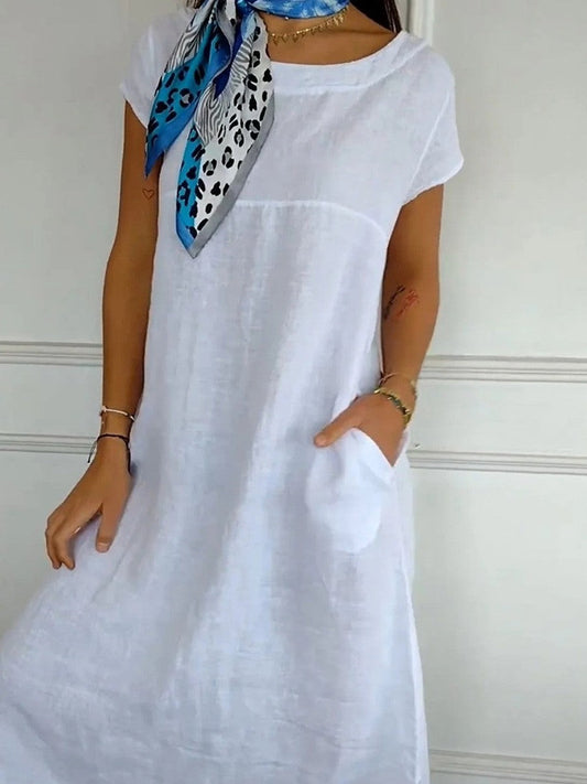 Women’s Midi Dress – Relaxed Fit – Short Sleeve – Round Neck – Breathable Blend – Pockets