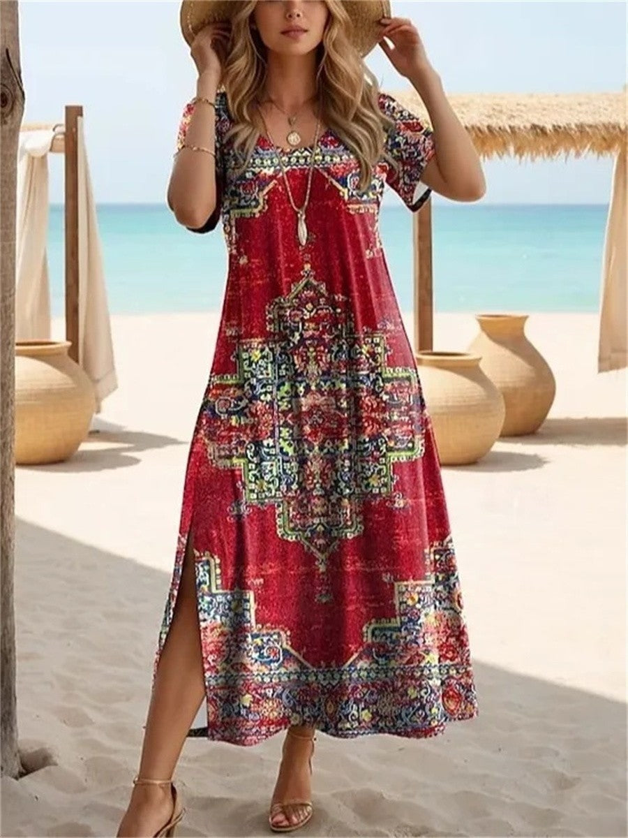 Women’s Midi Dress – Relaxed Fit – Short Sleeve – Breathable Blend – Vintage Floral Print