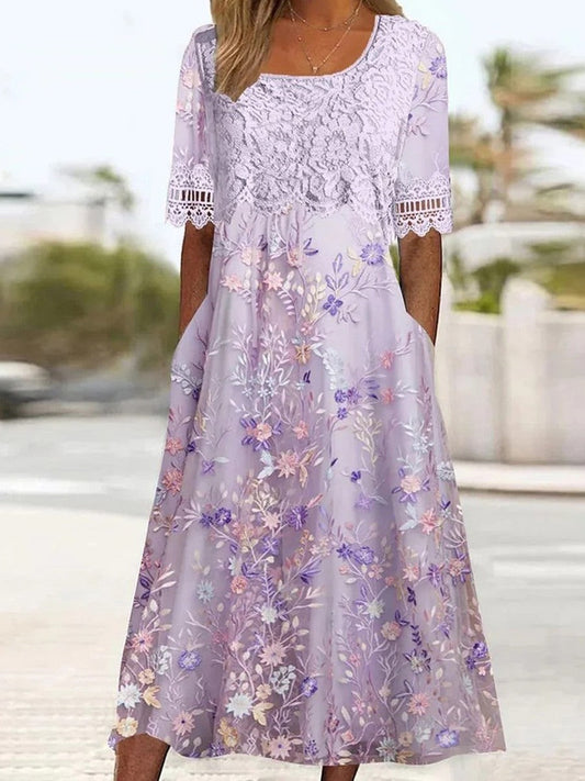 Women’s Midi Dress – Relaxed Fit – Embroidered Lace – Short Sleeve – Side Pockets