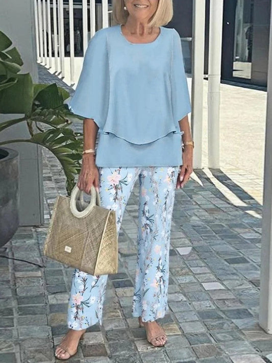 Women’s Two-Piece Set – Relaxed Fit Top – Wide Sleeves – Floral Print Pants – Breathable Blend