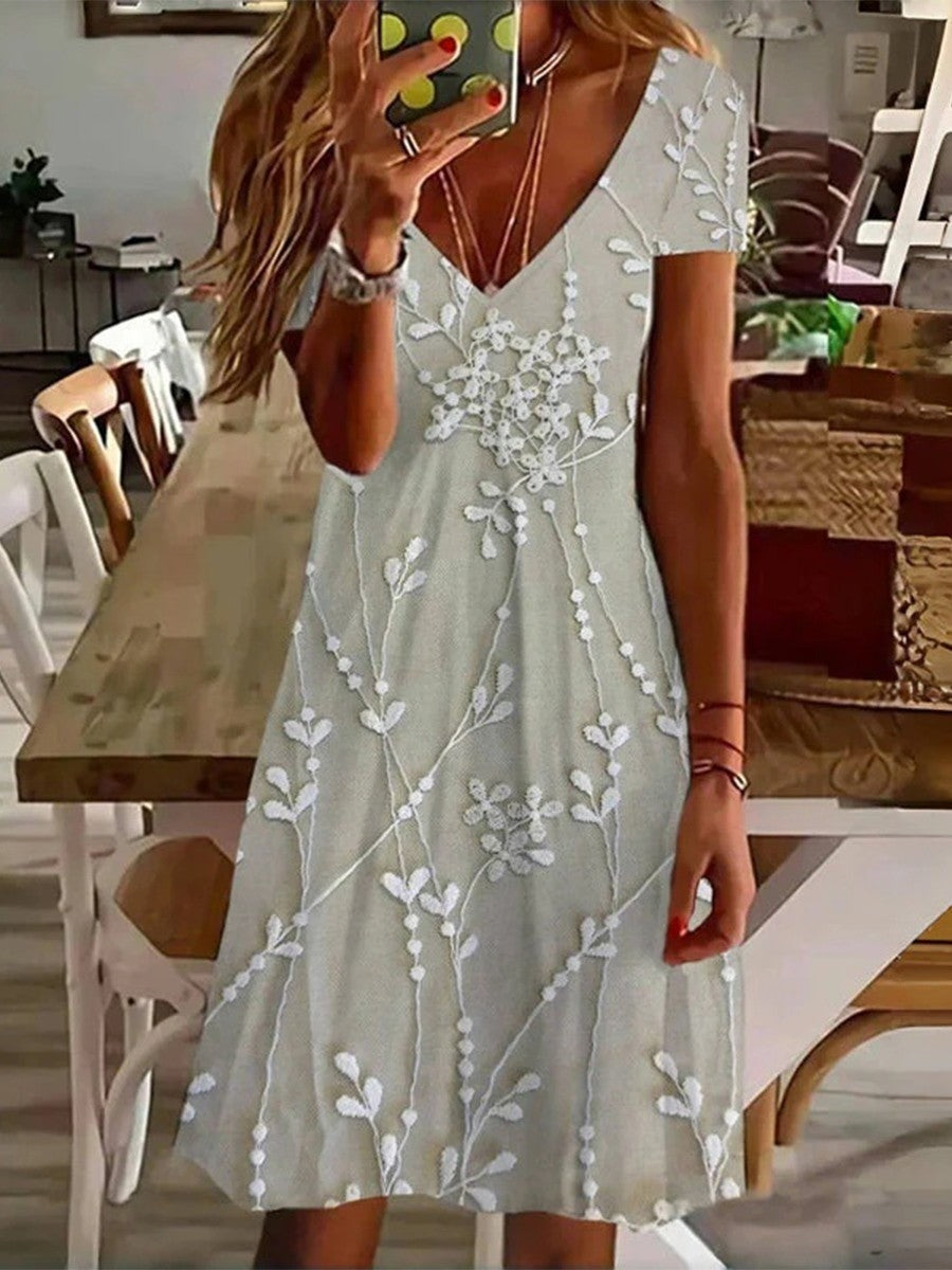 Women’s Mini Dress – A-Line Fit – V-Neck – Short Sleeve – Leaf Print – Breathable Blend
